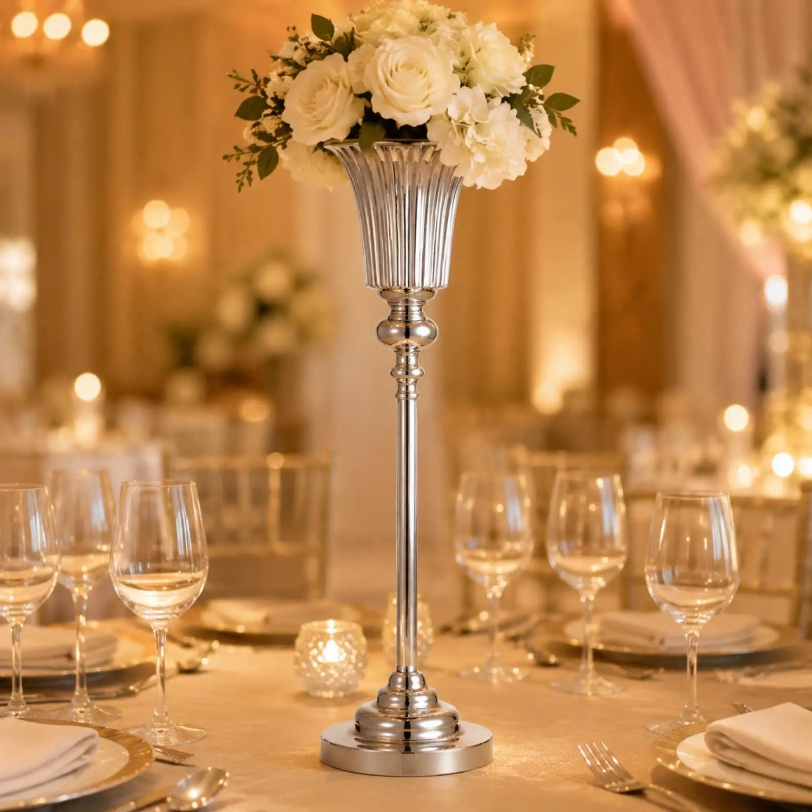 Iron Floral Display Stand Freestanding Silver Flower Stand with Fluted Holder Tall Floral Pedestal with Tiered Base