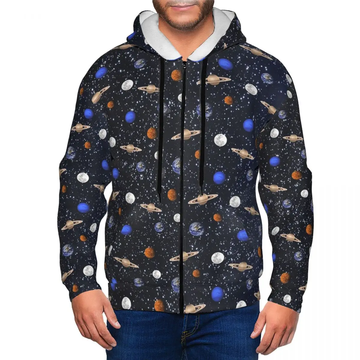 Solar System Space Planets Universe Zipper Hoodie Hip Hop Pullover Autumn Winter Men's Women's Sweatshirt Long Sleeve Tops