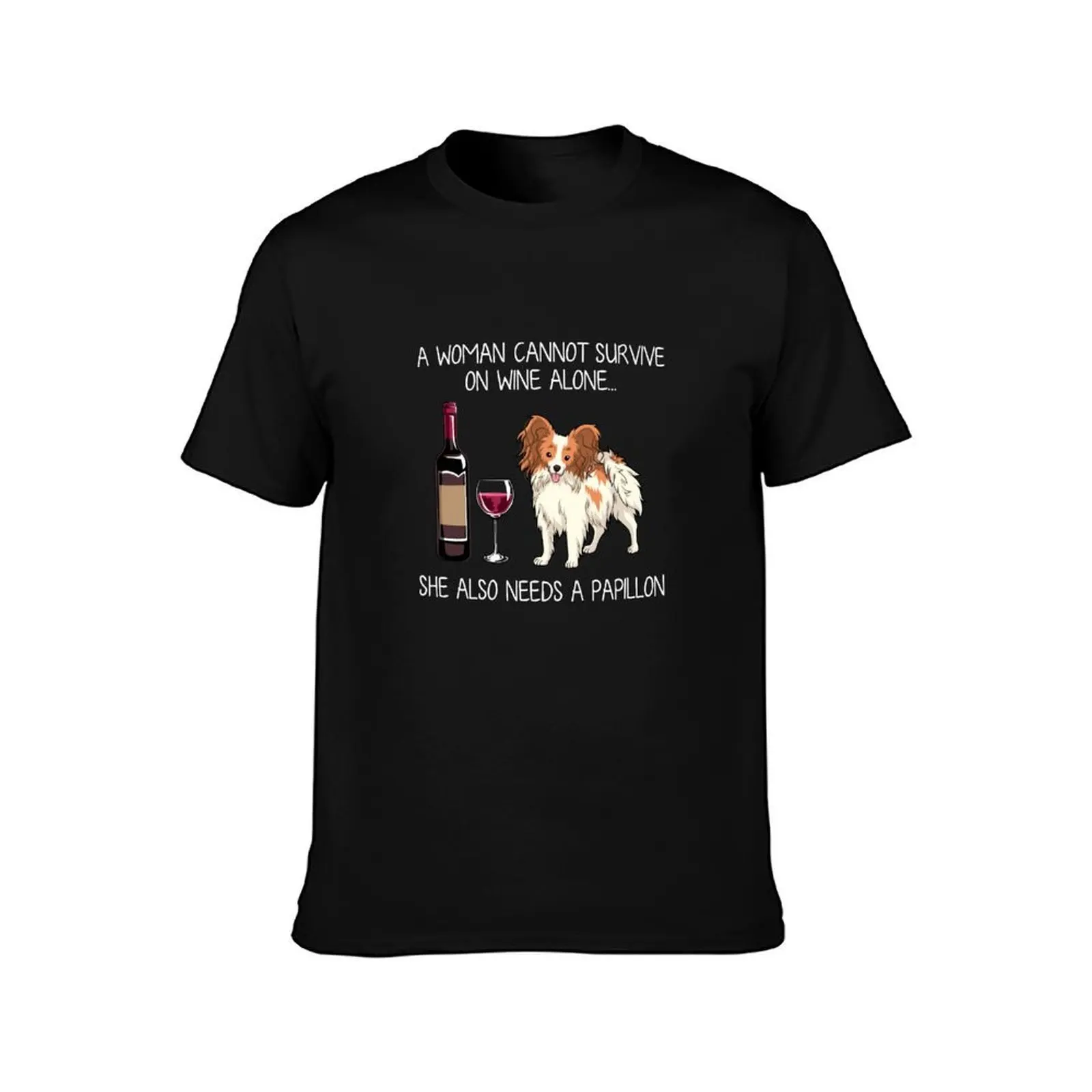 Papillon and wine Funny dog T-Shirt Minimalist Casual Short Sleeve Top T-Shirt