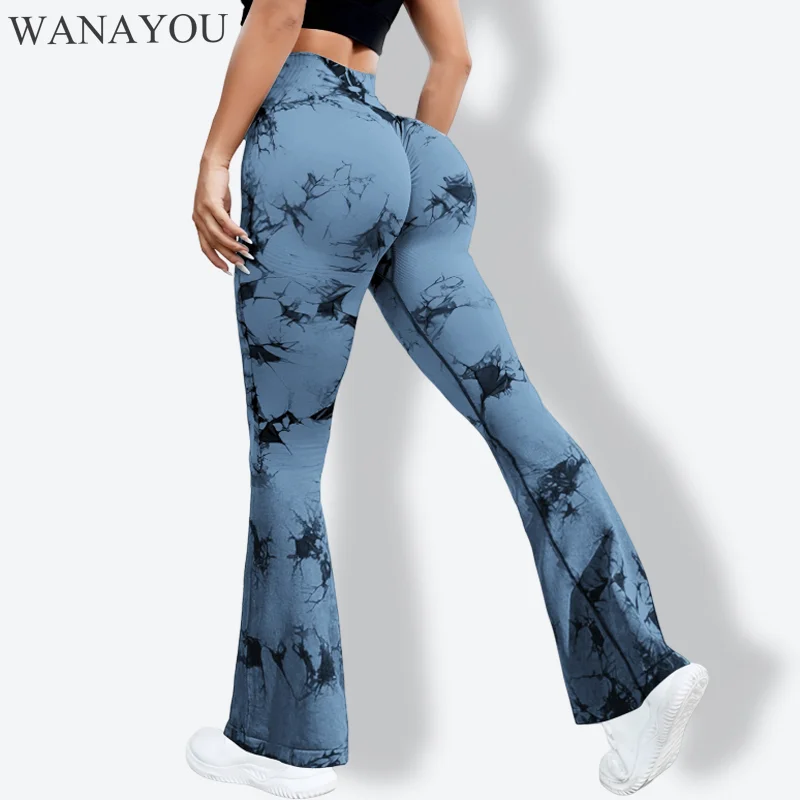 

WANAYOU Butt Lifting Tie-dyed Seamless Flare Pants Peach Hip Breathable High Waist Yoga Pants Leggings Sports Tight for Women