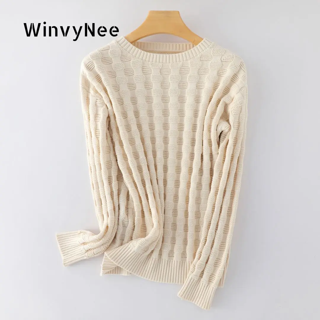

WinvyNee Women's 100% Cotton Soft Pullover Long Sleeve 7-Pin Thickened Slub Crew Neck Casual Daily Basic Knitwear Tops A1092046A