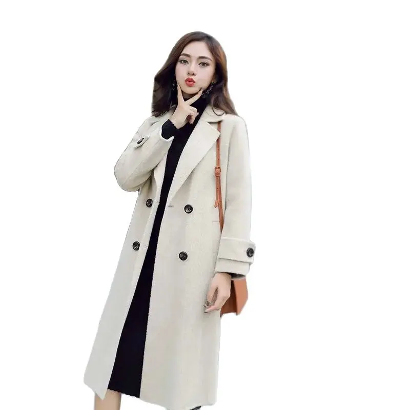 

20223 Autumn Winter Women Woolen Coat FashionSolid Color Mid Long Outerwear Female Wool Single-Breasted Slim Wool Coat