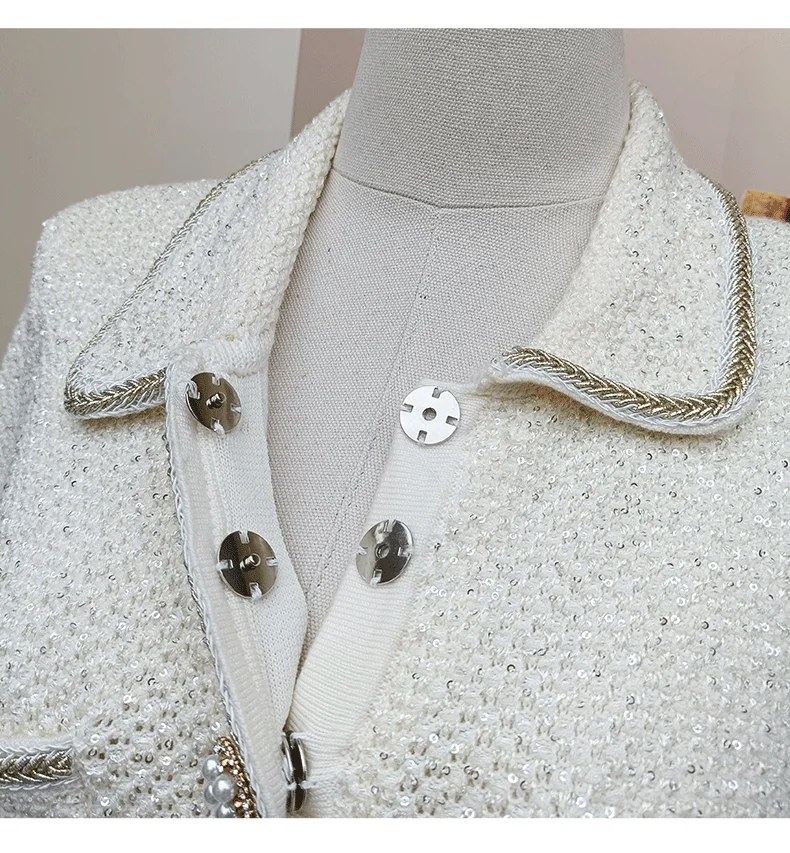 فساتين قصيرة محبوكة كريستالية فاخرة للنساء لربيع وخريف 2025 بأكمام طويلة وجيوب مطوي فساتين الحفلات المسائية