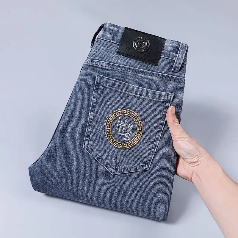 

Летние тонкие модные деловые джинсы с низкой посадкой, мужские эластичные тонкие прямые брюки, корейские облегающие повседневные брюки на небольшую ногу