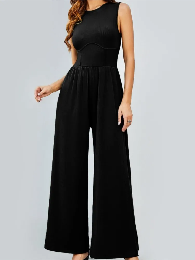 ملابس نسائية بذلة نحيفة عالية الخصر ورقبة دائرية وأرجل واسعة بدلة قفز للمرأة بلون سادة أنيقة بدون أكمام للتنقل