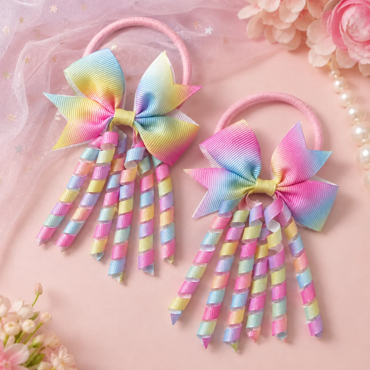 2 Pièces Élastiques à Cheveux Mignons pour Enfants Filles, avec Nœuds en Ruban Grosgrain Dégradé Coloré et Pompon Frisé