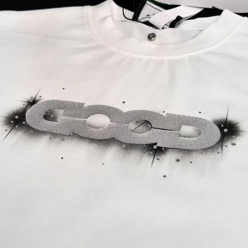 Silvery Letter Hotfix Rhinestone Nebula GOODBRAND Tshirts Black White Round Neck Short Sleeve Tops Men Women Breathable Tees