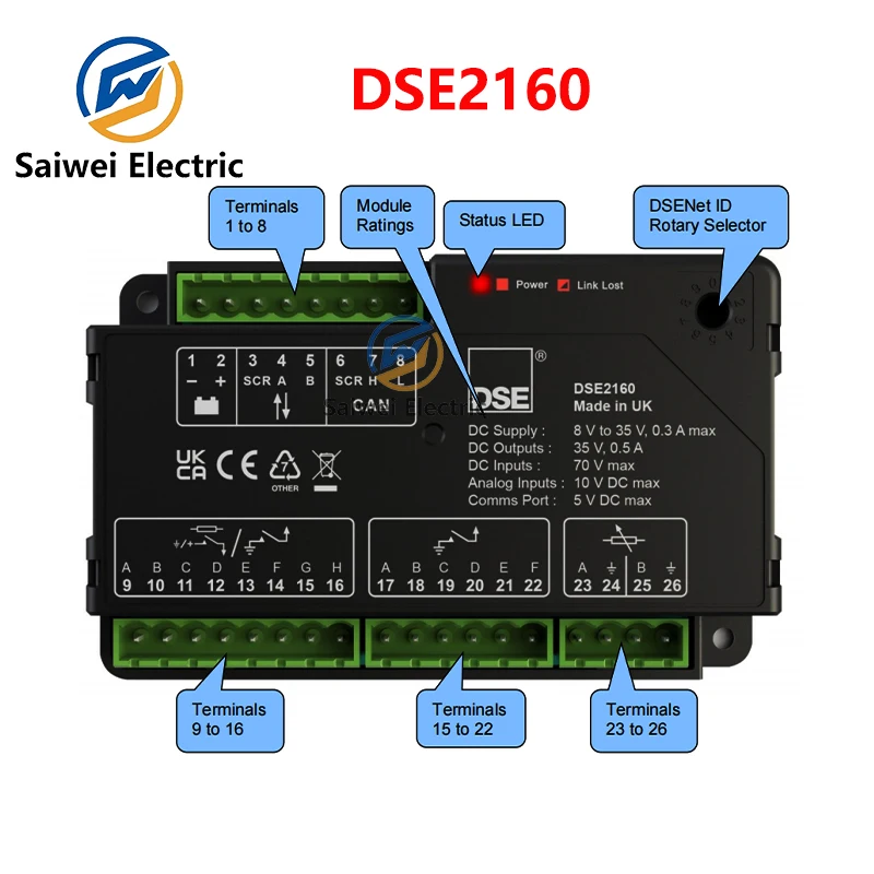 

Модуль расширения входов/выходов для дизельных генераторов DSE2160 DSE2170: положительный выход постоянного тока или отрицательный выход постоянного тока