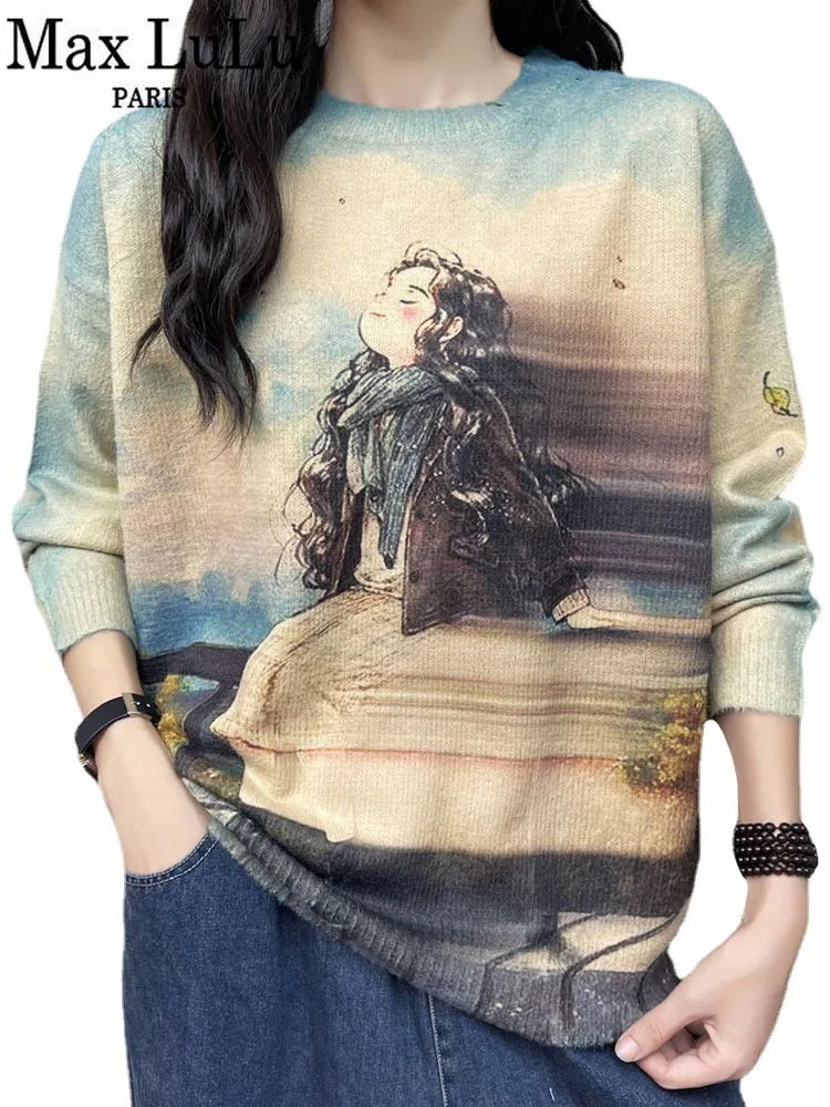 Max LuLu 2023 Autumn Fashion Cartoon Knitted Jumpers Womens Loose Printed Leisure Sweaters Ladies Warm Cotton Vintage Pullover