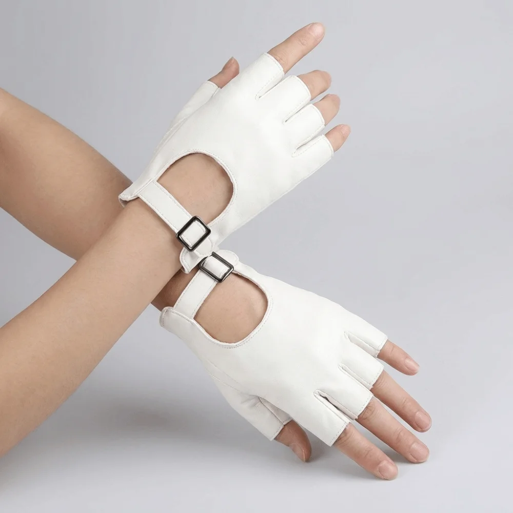 Fashion Solid Color PU Leather Gloves Punk Hollow Half Finger Gloves Short Anti-Slip Performance Gloves Motorcycle Riding