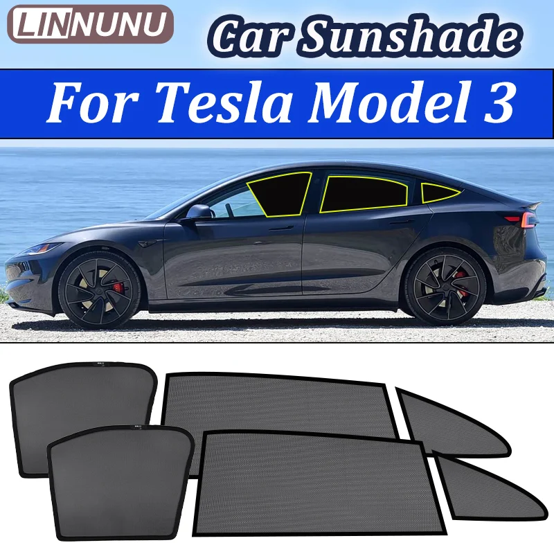 

LINNUNU For Tesla Model 3 2017-2026 Magnetic Car Sunshade Window Curtain Mesh Sunlight UV Protectio privacy Interior Accessories