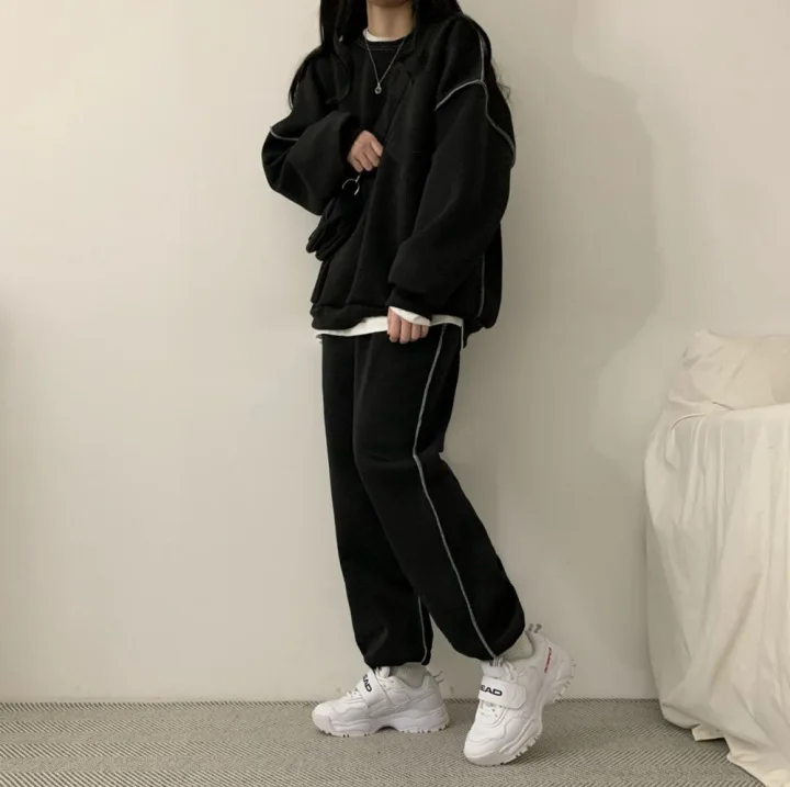 Women Cotton Pullover Sweatshirt Pants Set Velvet O-neck Casual Tracksuit Sportswear Spring Autumn Female Top Sports Suit