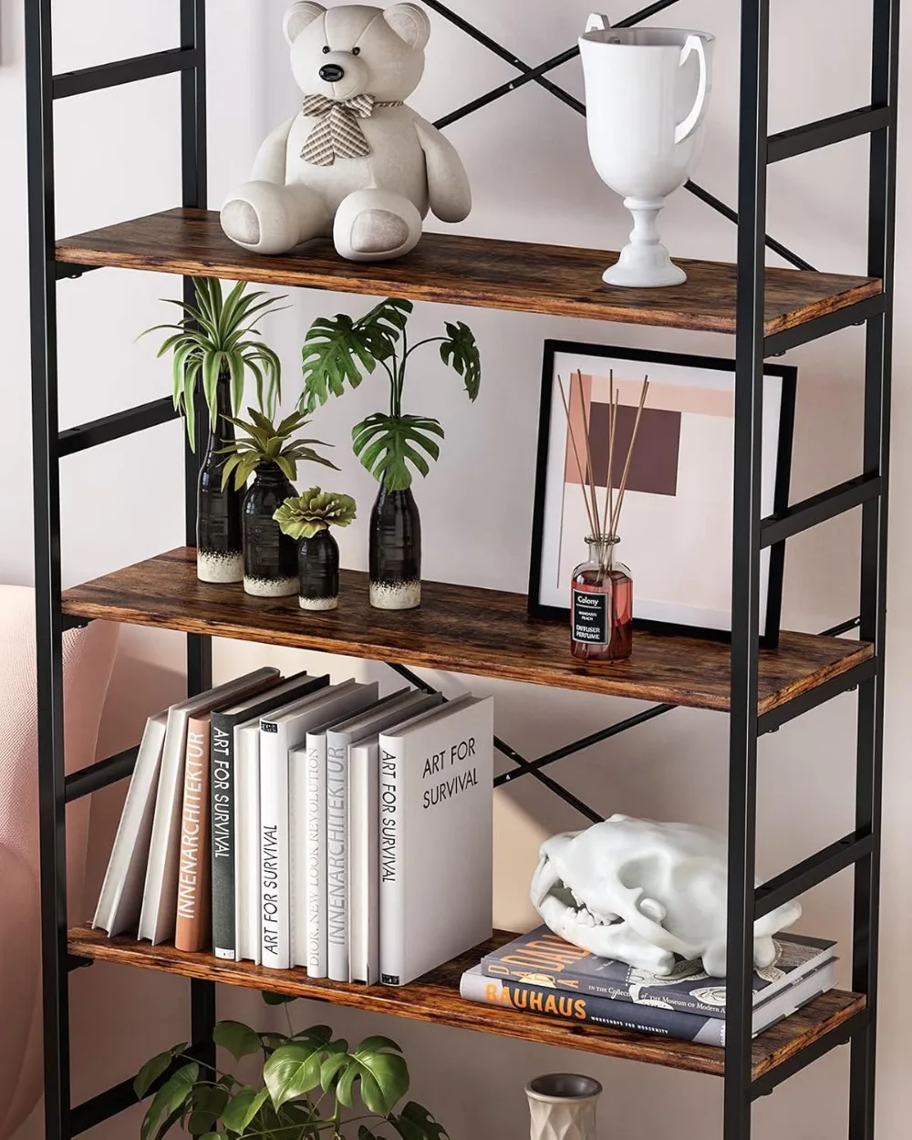 5-Tier Adjustable Tall Bookcase, Rustic Wood and Metal Standing Bookshelf, Vintage Book Shelf Unit, Modern Office Bookcases