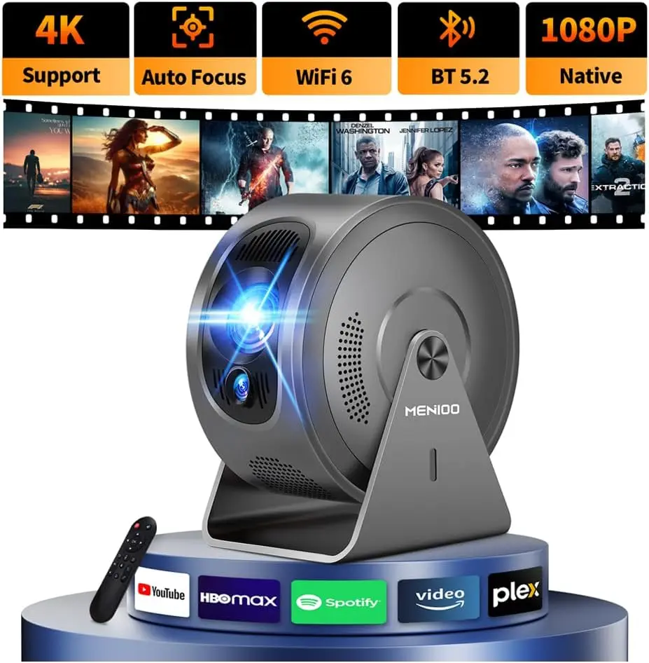 4K Mini Projector with Auto Focus, WiFi 6, Bluetooth 5.4, Built-in Apps, Portable Design for Home Entertainment