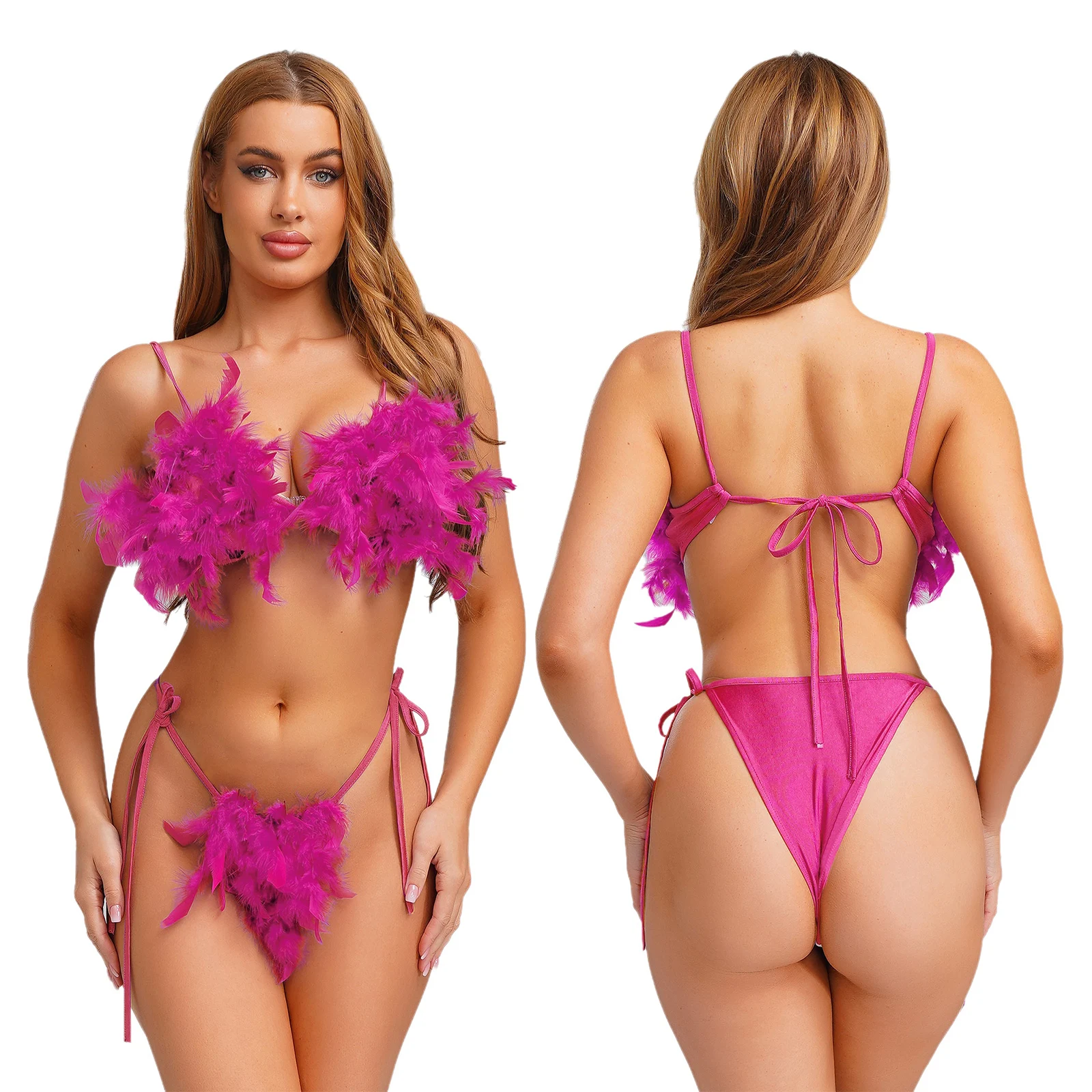 

Adult Women's Sexy Faux Feather Bra Briefs Set Stylish Full Cups Bra with Mini Straps Briefs for Beachwear Bedtime Nightwear