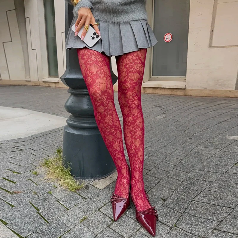 Elegante Lolita-Strumpfhose mit floraler Spitze für Damen, gemusterte Netzstrumpfhose, sexy Vintage-Strümpfe, 2025, Netzstrumpf mit hoher Taille