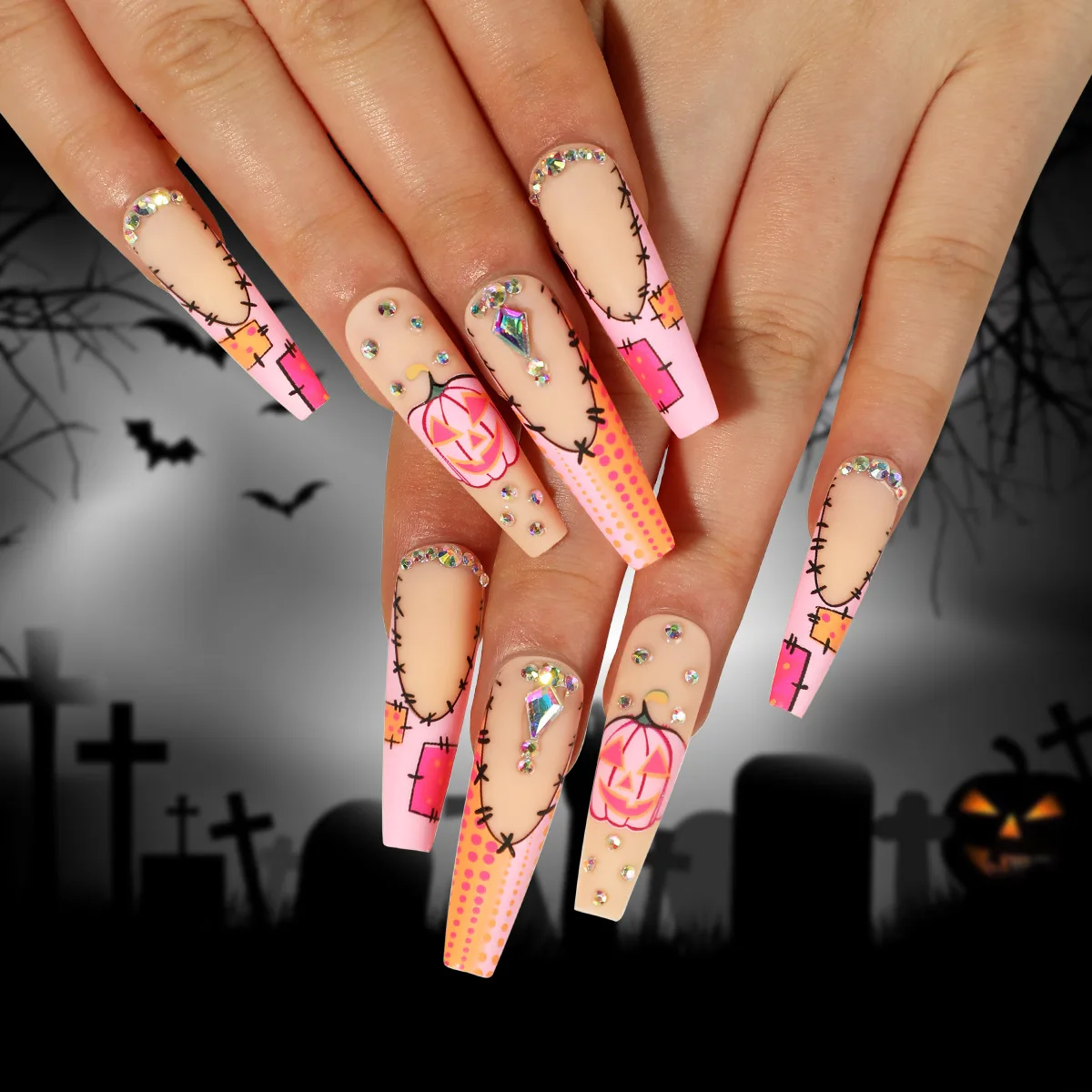 

24pcs/set fake nails for halloween pink pumpkin with rhinestones design long french coffin tips faux ongles press on false nail