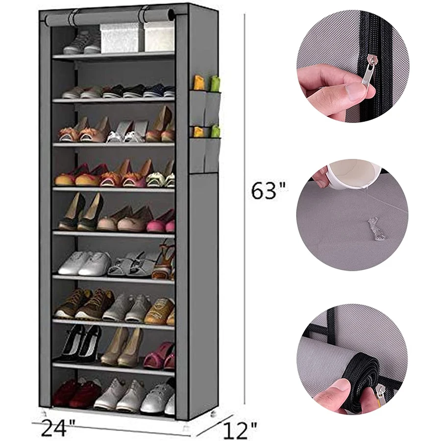 Shoe Rack with Fabric Cover with 9 Levels Shoe Organizers, Steel Structures and Plastic Connectors,for Storing and Storing Shoes view 2