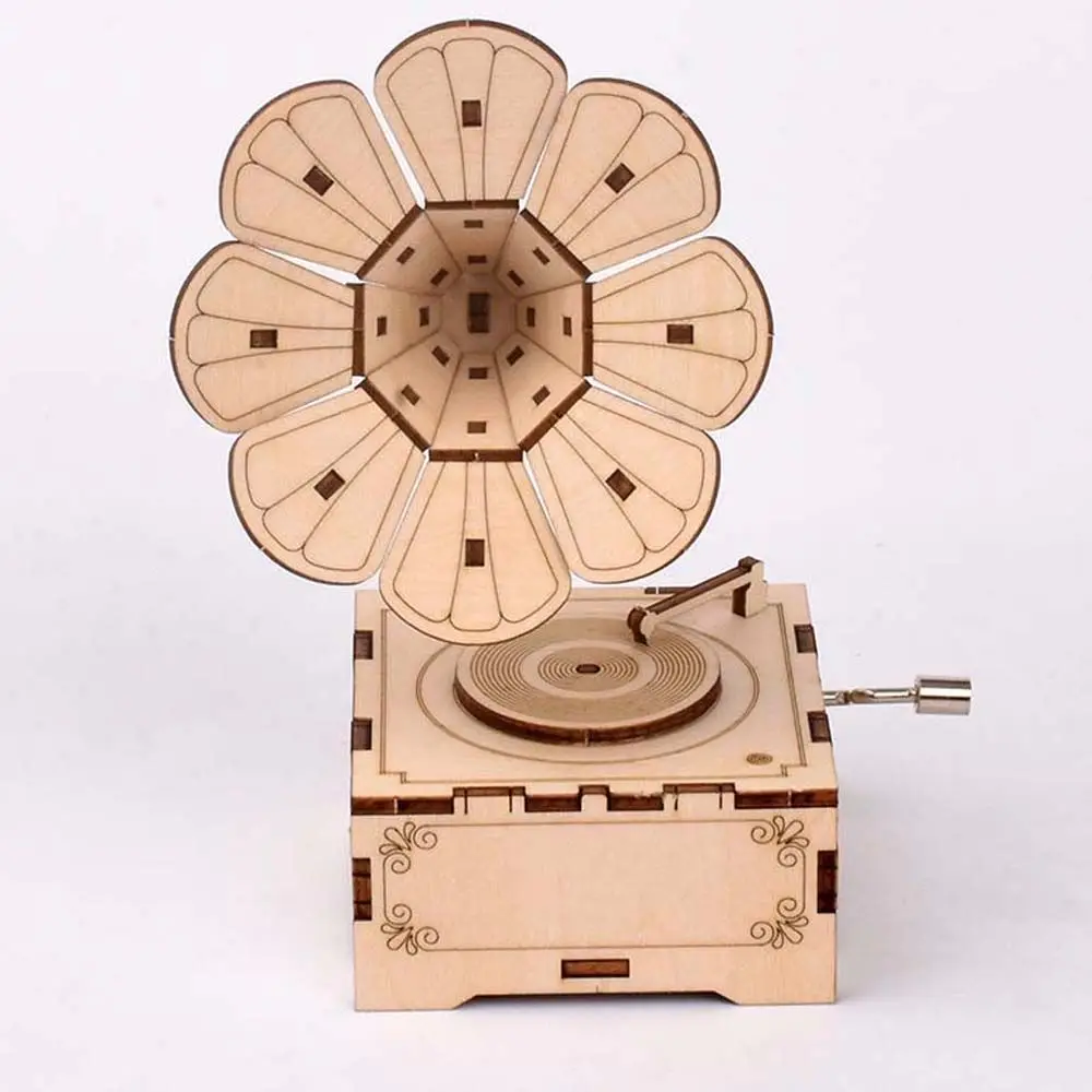 Handmade Creative Kits Toys Sounding Music Box Carving Mechanical Wooden Puzzle 3D Puzzle Gramophone Model Assembling Toy