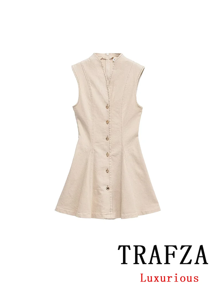 

TRAFZA Vintage Elegant Chic Women Dress Solid Buttons V-Neck Sleeveless Mini Dress New Fashion 2025 Spring Summer Holiday Dress