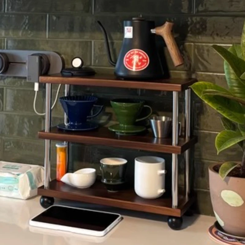 

‌Walnut Display Shelf Tea Set Holder Stainless Steel Mirror Office Tea Bar Kitchen Storage Rack-Vintage Adjustable Organizer‌