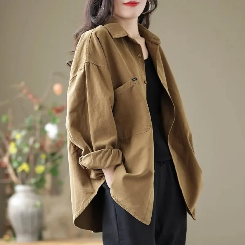 

Solid Color Women Thin Cotton Shirt Jacket Large Size Female Long Sleeved Blouse Tops Coat Ladies Loose Fitting Cotton Blousees