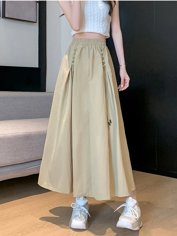 Korean Workwear Style High Waist A-Line Skirt Women's Summer New Khaki Long Skirt Mountain Brand Half-length Skirts