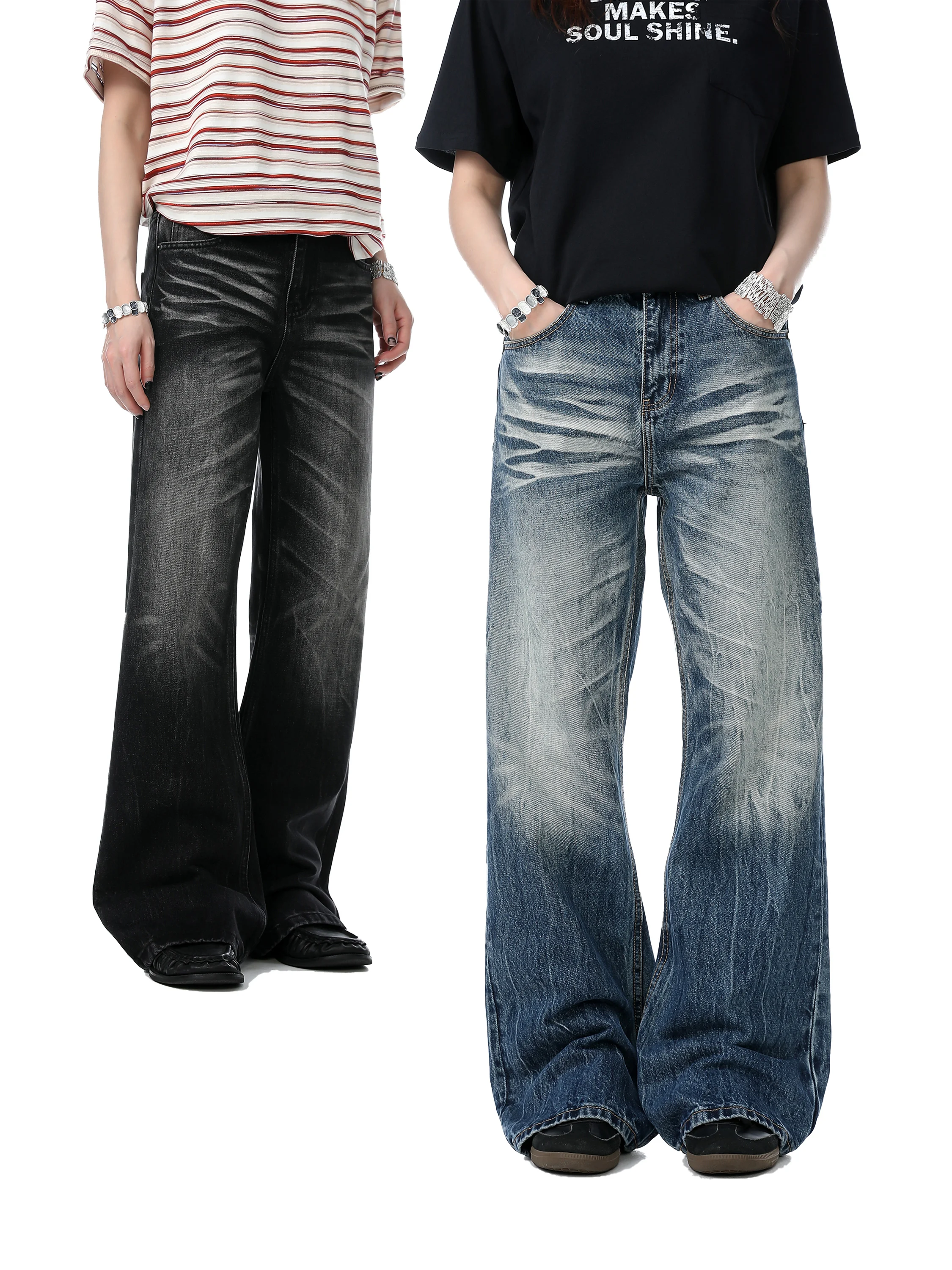 

American Retro Blue Straight Leg Bell Bot Jeans ex High Street Cleanfit Loose Slimming Pants Youth Faion Cotton Poly...