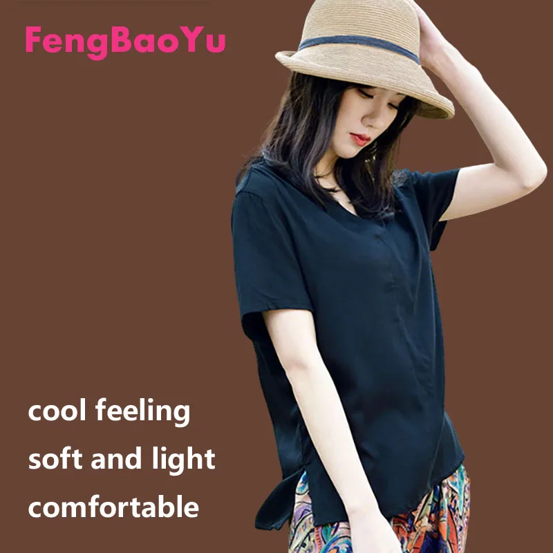 

Женская футболка из хлопка и шелка Fengbaoyu - простой пуловер с короткими рукавами и V-образным вырезом - летняя повседневная домашняя одежда - удобная и прохладная.