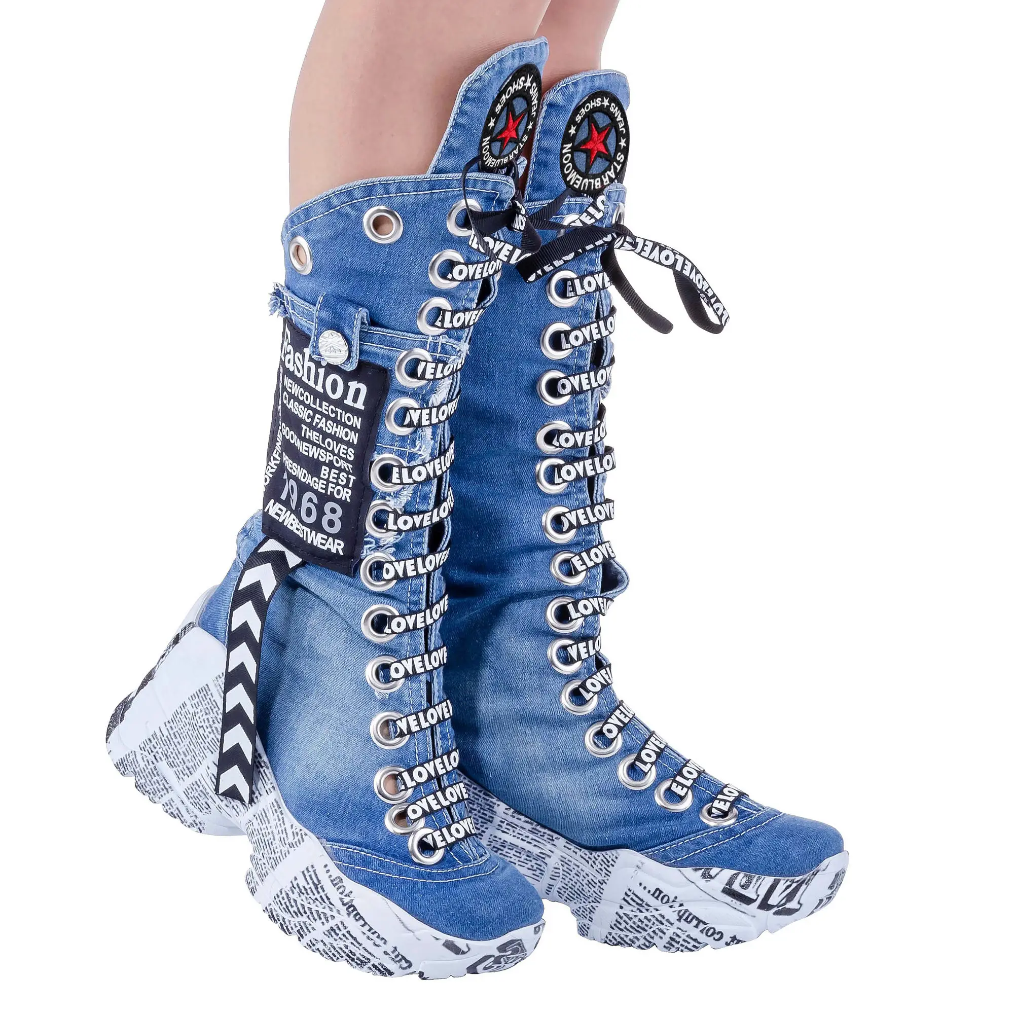 Denim Jeans Boots Handcrafted Sexy Design Blue Pattern Embroidered Women's Birthday Gift 7408