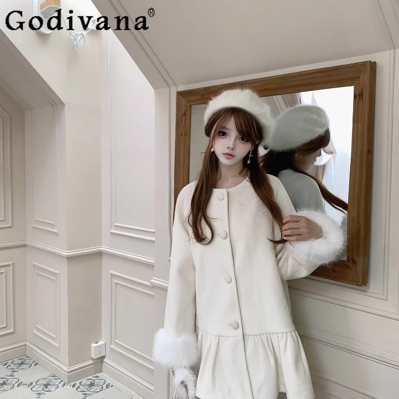 Original New Slimming Warm Jackets for Women Gentle Off White Collarless Woolen Coat Female Japanese Style Lolita Coat