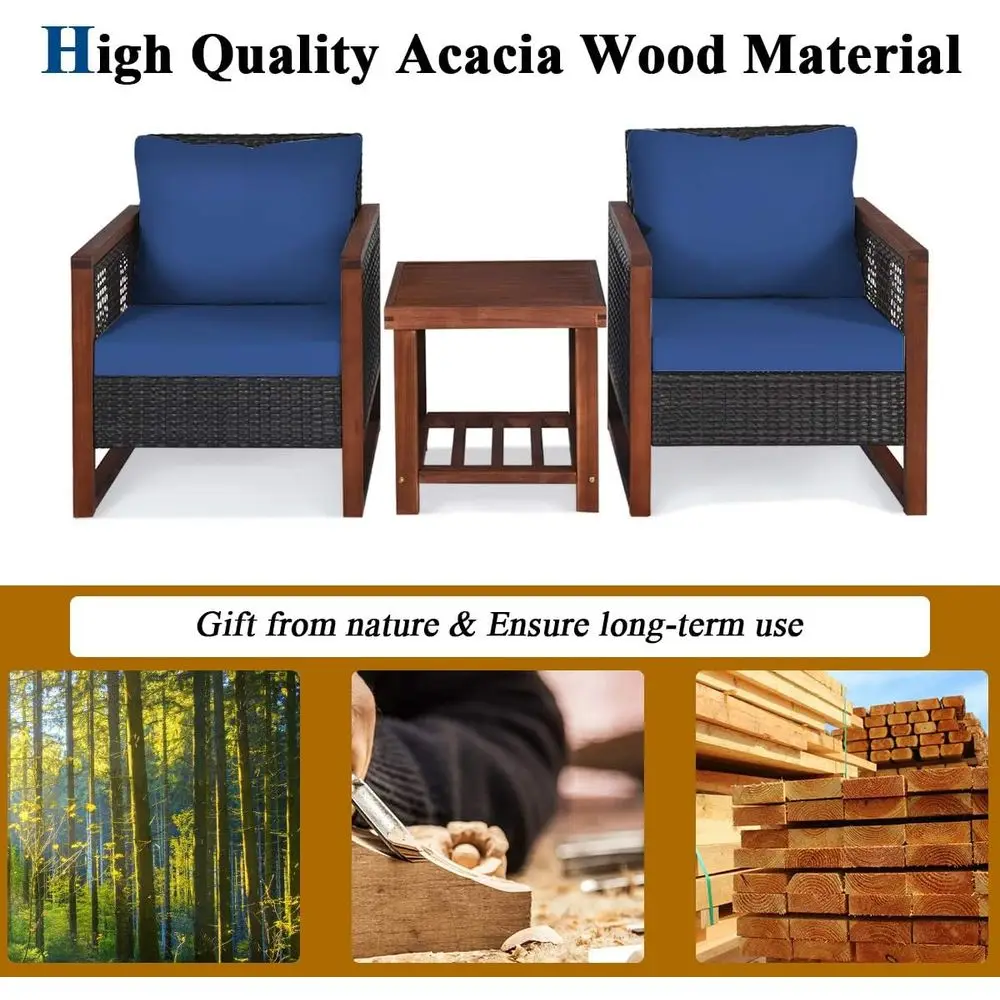 Blue Outdoor Rattan Sofa Set with Washable Cushions and Acacia Wood Coffee Table for Patio Conversations