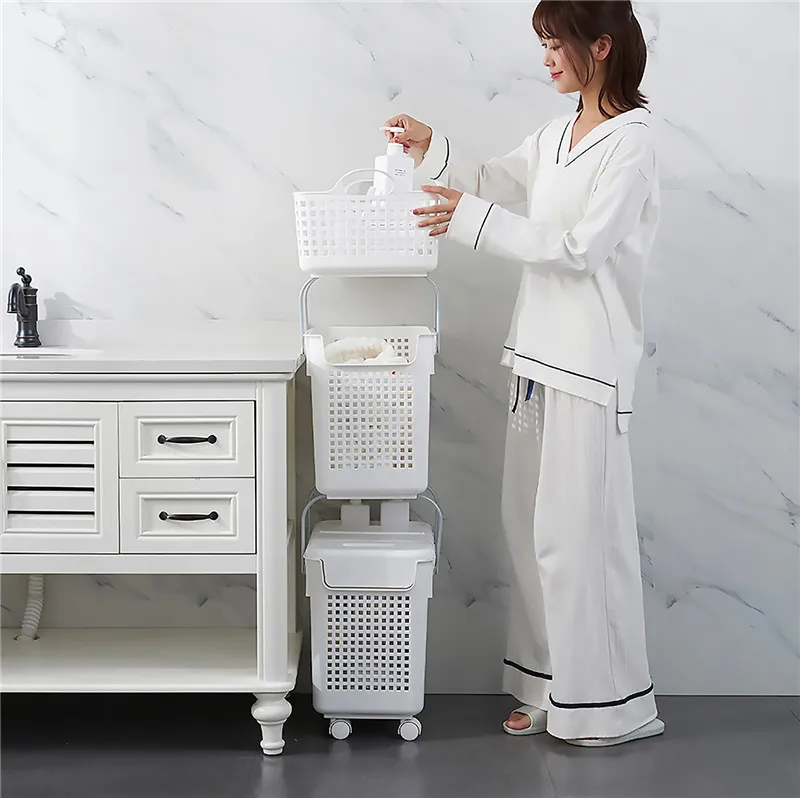 Portable Muti Layer Dirty Clothes Basket For Bathroom Rotating Storage Rack Laundry Basket Trolley