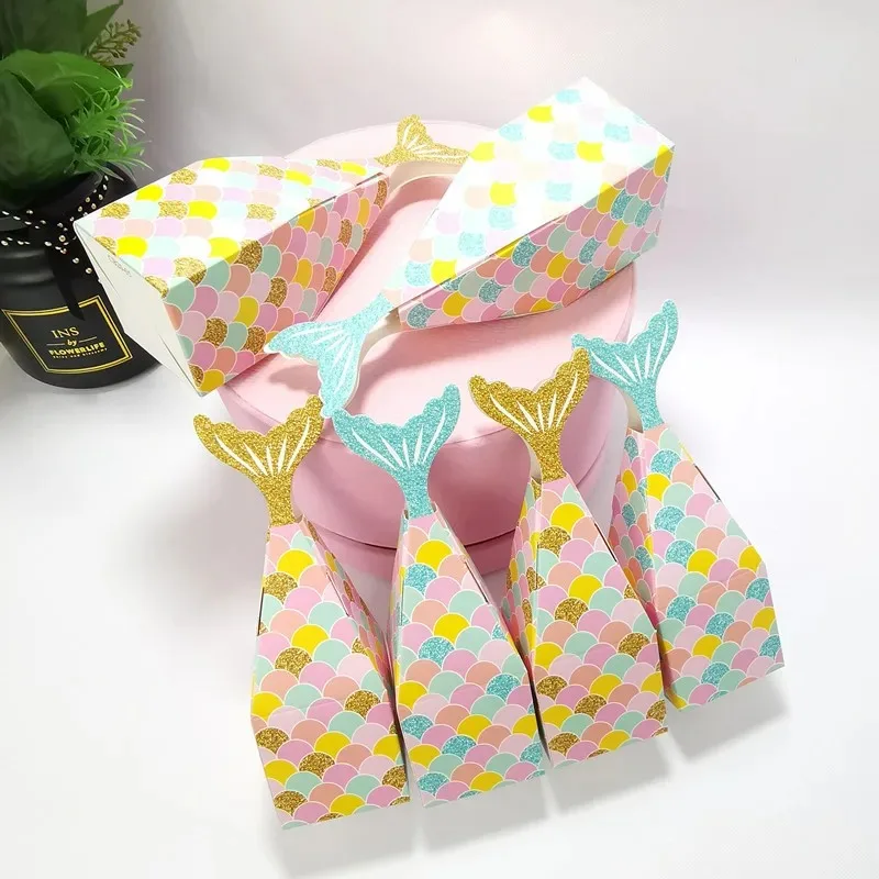 10Pcs Mermaid Tail Paper Chocolate Candy Box Gift Packing Bags for Kids Mermaid Theme Birthday Baby Shower Wedding Party Decor