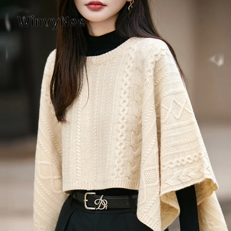 WinvyNee Women Pure Wool Solid Twisted Knit Cape Shawl Round Neck Cozy Windproof Trendy Fall Winter Cloak Accessory ZG1673015
