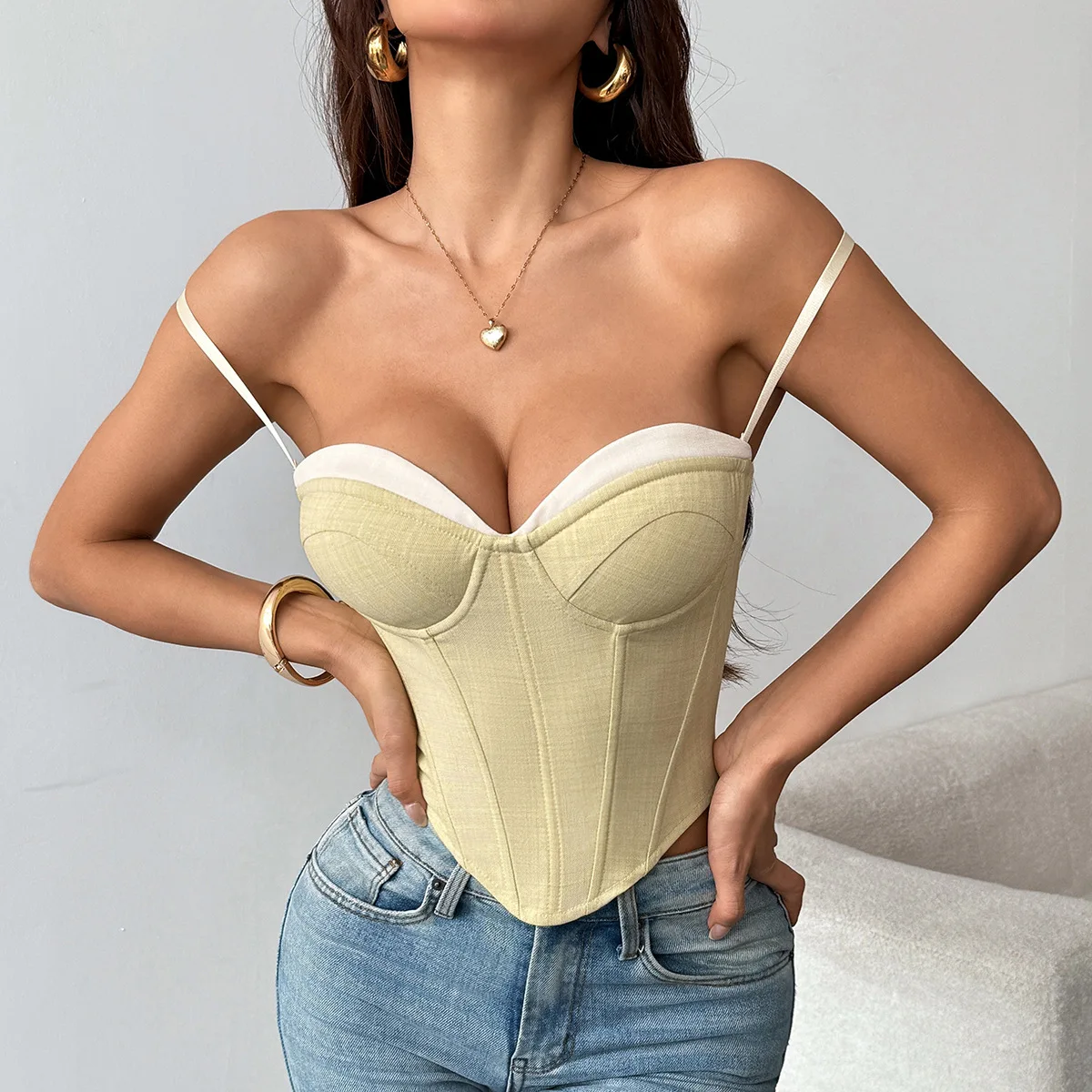 Women Color Block Fishbone Corset Tops Padded Bustier Camisole Going Out Tank Top Y2K Street Date Club Rave Party Concert Tops