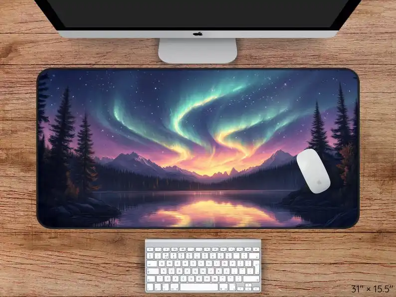 Beautiful Northern Lights Desk Mats and Mouse Pad, Natural Scenery Desk Mat, Large Nature Mousepad, Northern Lights Deskmat