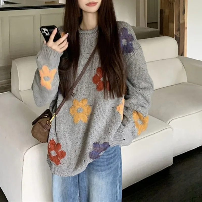 Women\'s Pullover Embroidery Printing Round Neck Solid Sweater Autumn and Winter Korean Young Style Long Sleeve Loose Knit Tops