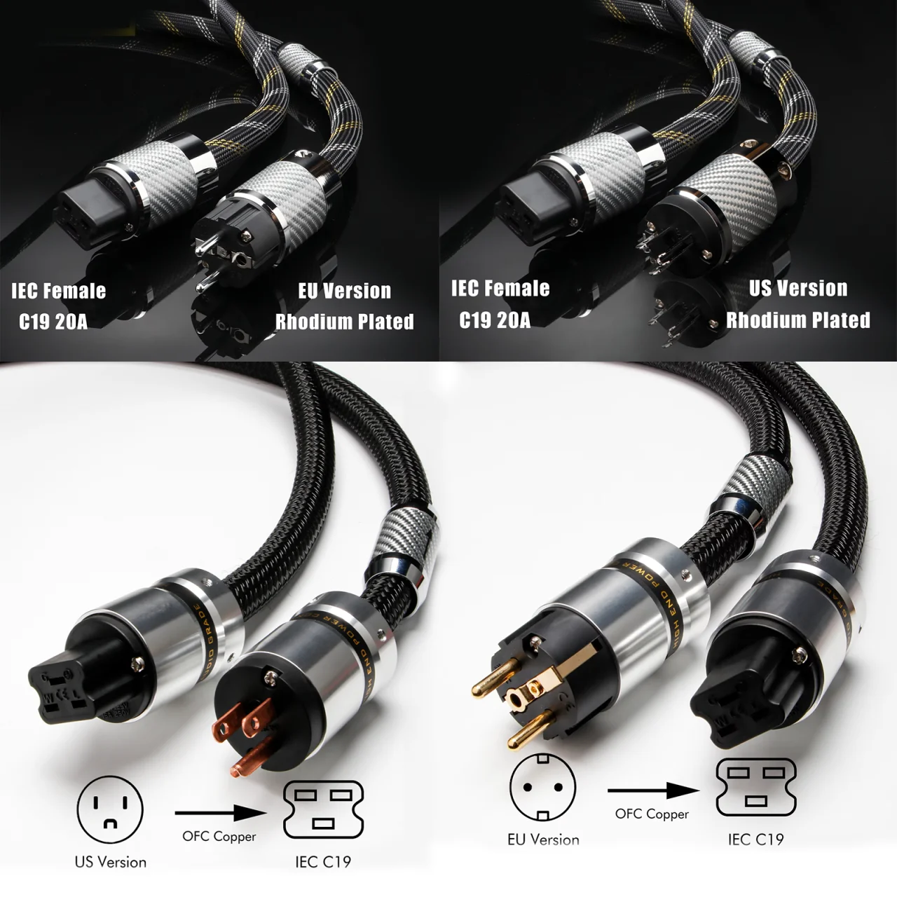 C19 20A Schuko Audio Power Cable 12AWG 3.2sq OFC Braid Shielded HiFi Power Cord for Amplifier, Rhodium/Gold Plated Plug Optional