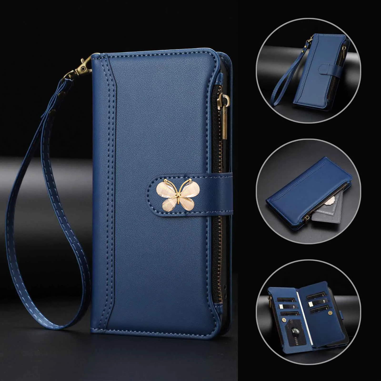 

Чехол-кошелек Mukti с 9 карточками для ZTE Blade A76 A75 A73 A55 A53 A52 A35E A35 Core Butterfly Crossbody, кожаный ремешок, откидная крышка для книги