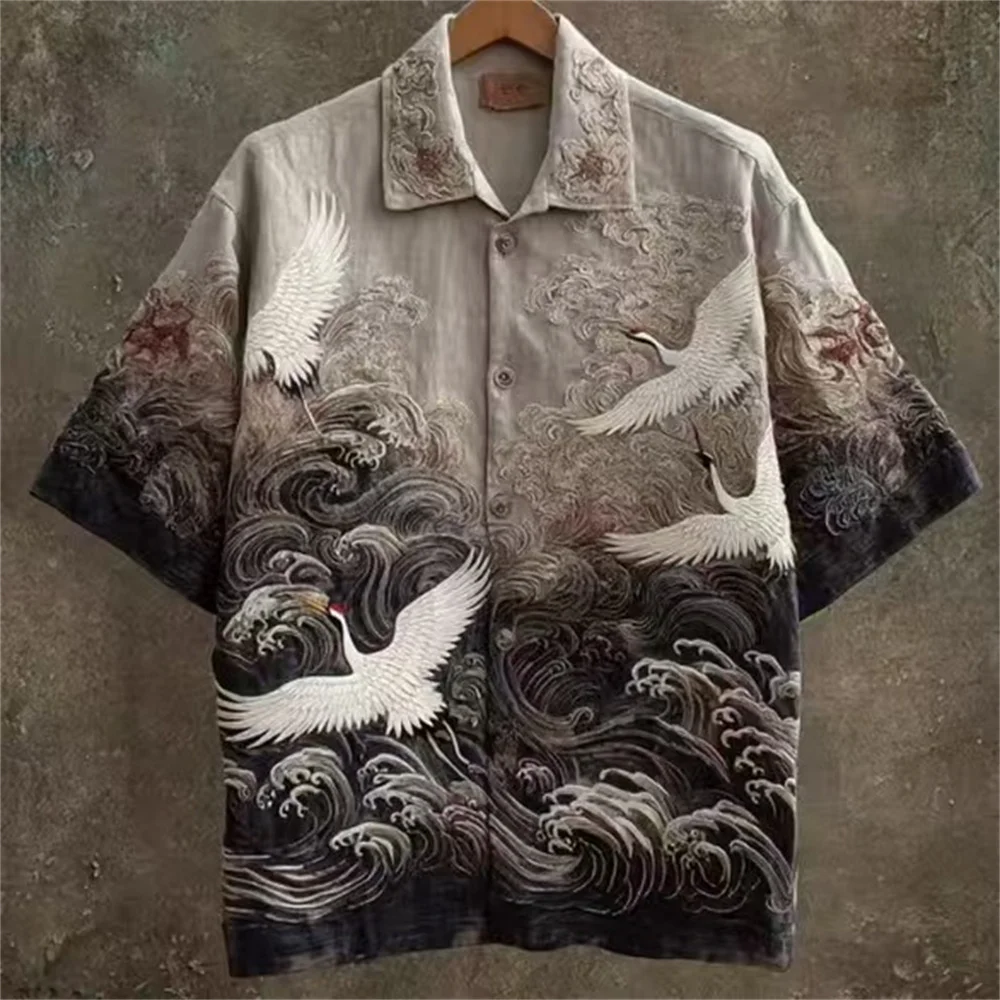 Men's Hawaiian Shirt Japanese Ukiyo-e Red-crowned Crane Big Wave Print Short Sleeve Button Up Shirts Vintage Oriental Streetwear