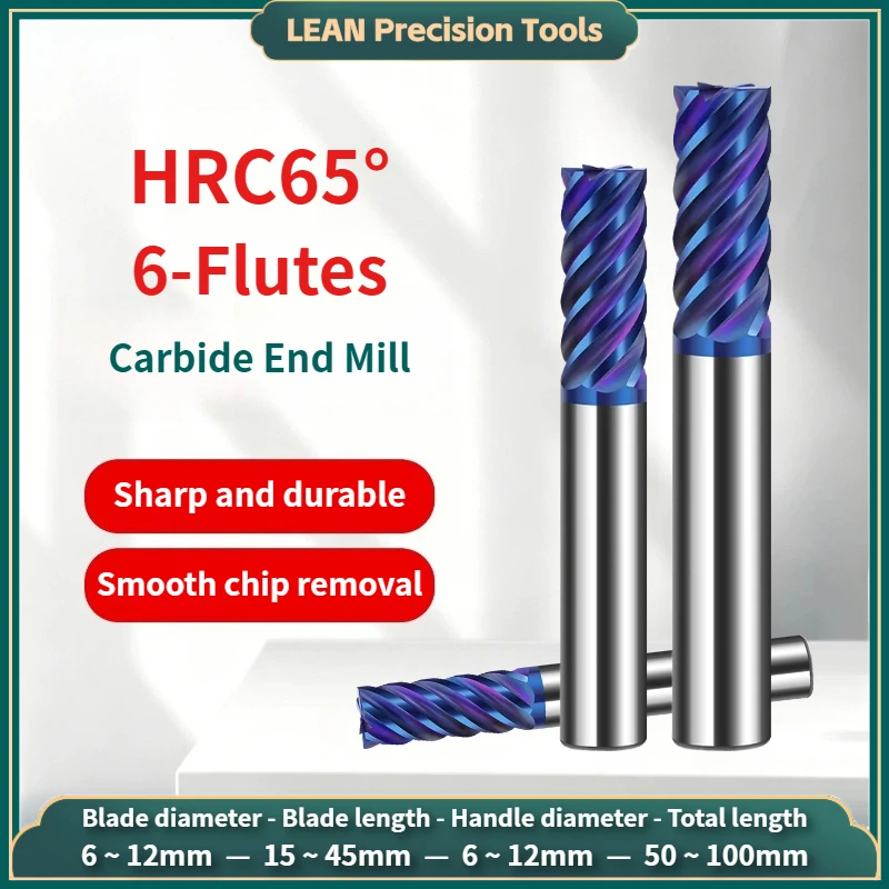 6-Flutes Carbide Milling Cutter HRC65° 6 Teeth Tungsten Steel Extended Flat End Mill CNC Finishing Machining For Stainless Steel