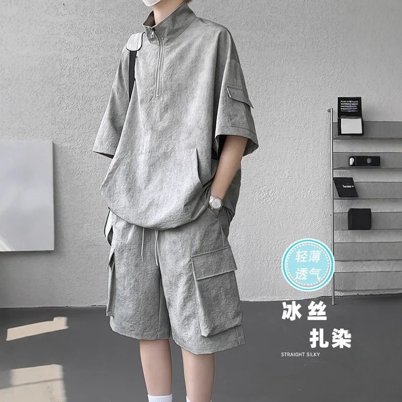 2026 Sommer Hong Kong Style Halb-Reißverschluss-Färbe-Set aus Eisseide mit Kühlfunktion, zweiteiliges Sportswear-Outfit im Hanfu-Stil mit kurzen Ärmeln – Detail 2