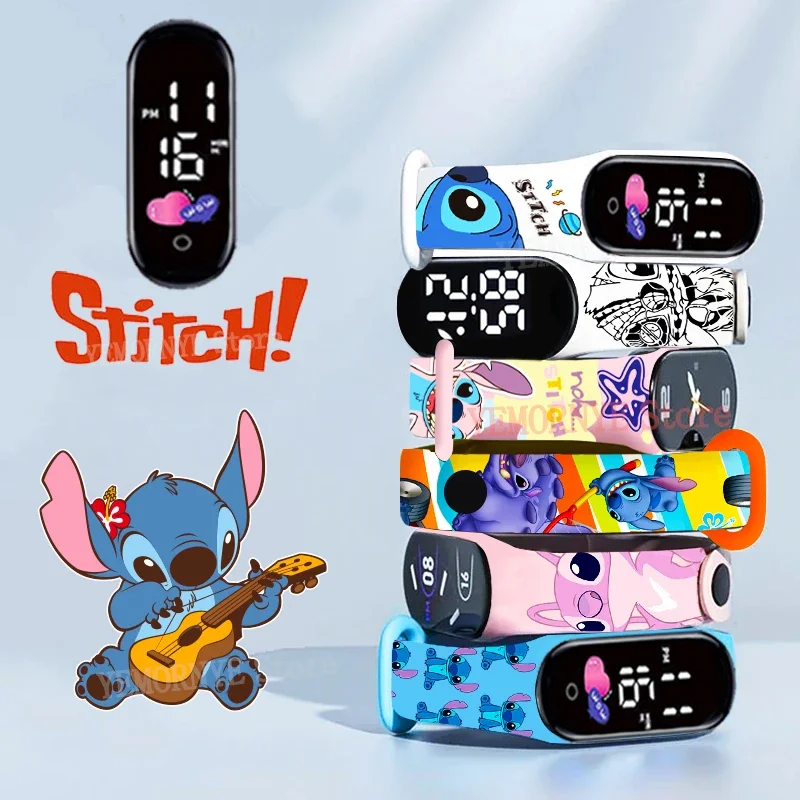 Disney Stitch Digitale Kinderuhren, Anime-Figuren, LED-Touch, leuchtendes Kinder-Sportarmband, wasserdichte Digitaluhr, Geburtstagsspielzeug