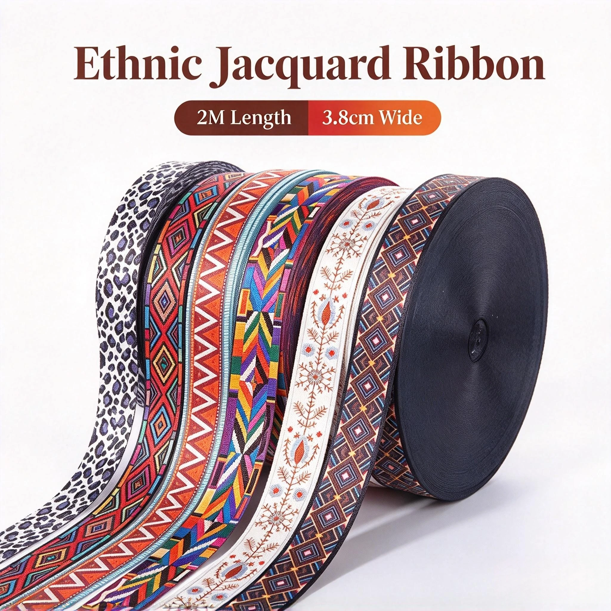 Ethnic Style Printed Webbing 3.8cm Width 2M/Lot Bohemian Geometric Pattern Ribbon For Bag Strap Backpack Belt DIY Sewing Crafts