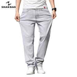 SHAN BAO Summer Brand New Men's Straight Loose Thin Jeans Simple Casual Clothing Lightweight Cotton Stretch Light Grey Jeans