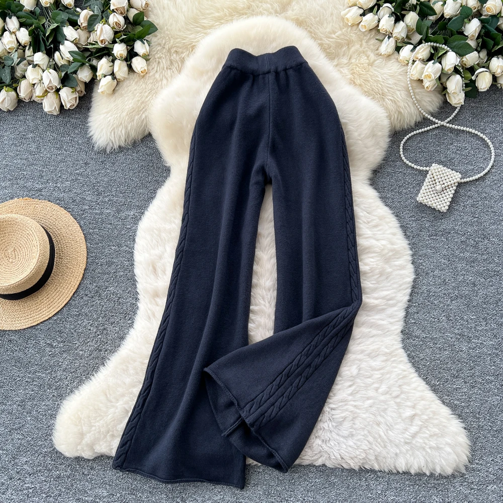 กางเกงถักเอวสูงทรงขาบาน สไตล์เกาหลี แฟชั่นวินเทจสุดหรู เสื้อผ้าสตรีทแวร์ สำหรับฤดูใบไม้ร่วงและฤดูหนาว