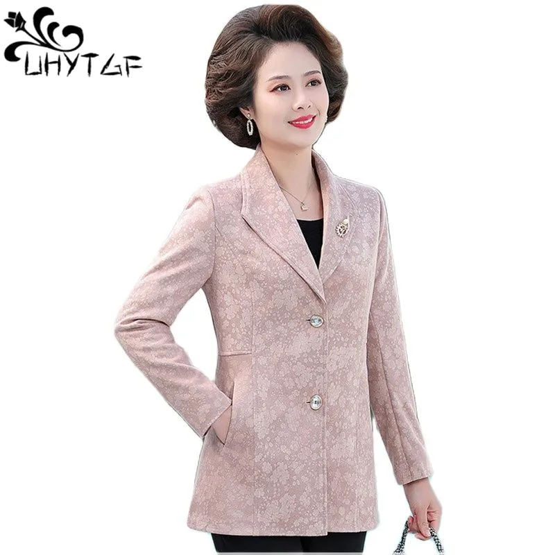 

UHYTGF Jacket Women's Middle-Aged Elderly Mother Spring Autumn Blazer Coat Female Fashion Floral Large Size Ladies Outewear 2643