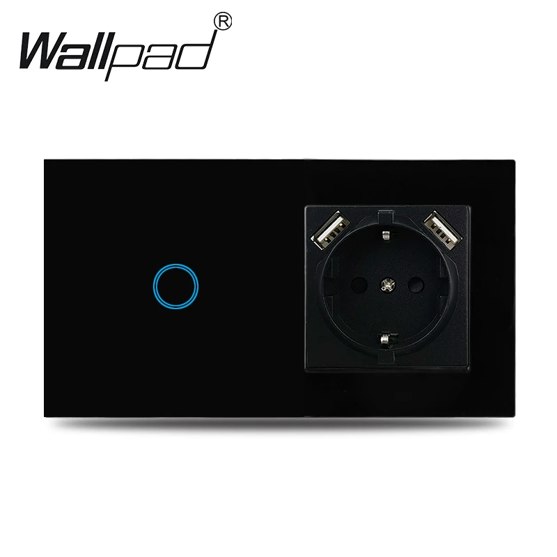 1 2 3 Gang EU Touch Wall Switch and Socket Wallpad Black Glass Backlight Led Switches Interruptor Tomada with USB Outlet Eu Box