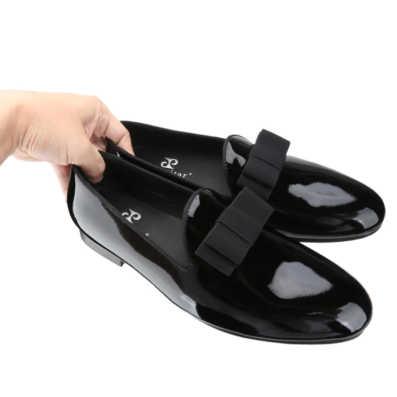 Piergitar Black Patent Leather Men Handmade Loafers With Matching Colors Bowtie Fashion Banquet Men's Dress Shoes Plus Size